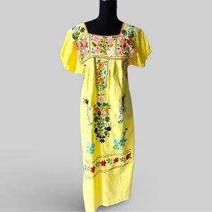 Vintage Handmade 70s Mexican Embroidered Midi Dress Peasant Style